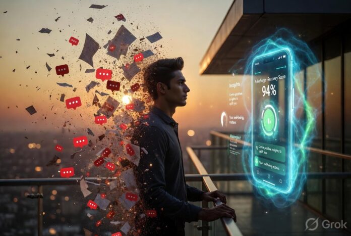 PulseForge AI Burnout Prevention App - Young professional protected from workplace burnout by intelligent wellness technology"