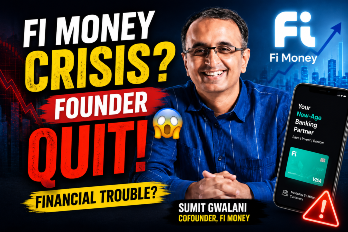 Fi Money rise struggle pivot infographic showing funding growth problems cofounder exit and AI business shift