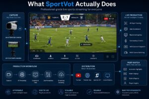 SportVot’s live sports streaming platform with AI camera tracking, live scoreboards, commentary controls, OTT distribution workflow, and automated production features.