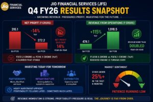 Jio Financial Services’ Q4 FY26 performance with contrasting charts for declining net profit and sharply rising revenue. The visual includes red downward indicators for profit pressure, green growth charts for revenue expansion, market sentiment graphics, investment categories like partnerships and infrastructure, and a dashboard-style layout explaining JFS’s growth-versus-profitability tension