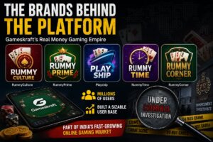 “Investigative-style infographic showing the multiple consumer gaming brands operated by Gameskraft, including RummyCulture, RummyPrime, Playship, RummyTime, and RummyCorner. The visual features gaming app icons, poker and rummy elements, millions of users, online gaming growth indicators, and crime-investigation themes highlighting the platform’s connection to an ongoing Enforcement Directorate probe