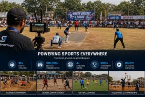 Large rural cricket tournament being professionally streamed with a live camera setup, surrounded by crowds and smaller visuals of kabaddi, football, school sports, and volleyball competitions across grassroots India.”