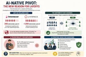 how AI adoption is driving layoffs and organisational restructuring across startups. The visual compares Innovaccer and Livspace workforce reductions, illustrates the shift from large human teams to AI-powered lean operations, and highlights how companies are rebuilding around AI-native workflows, productivity gains, and margin-focused business models