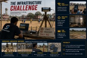 the infrastructure challenges of grassroots sports streaming in India, including bamboo tripods, weak internet connectivity, unstable electricity, rough sports grounds, and improvised streaming setups in small towns
