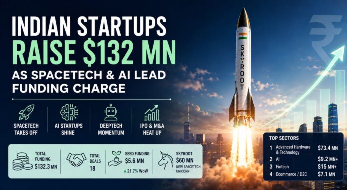“Indian startup funding weekly report featuring Skyroot rocket launch, AI and DeepTech growth, and $132 million raised across Indian startups in May 2026”
