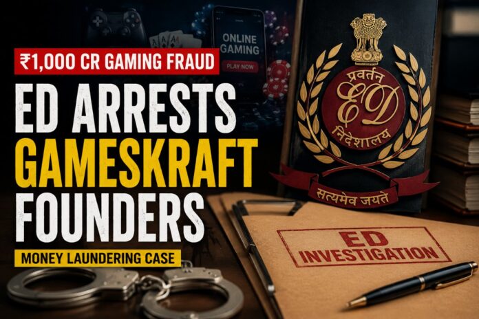 “ED investigation themed news thumbnail showing Gameskraft founders arrest case, online gaming fraud, Enforcement Directorate logo, handcuffs, and money laundering investigation graphics.”